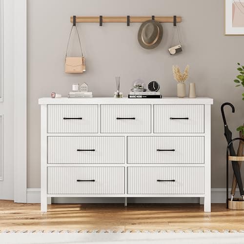 Jocoevol White 7 Drawer Dresser for Bedroom, Modern Fluted Dresser with Solid Wood Legs, Long Double Wooden Large Chest of Drawers for Living Room, Entryway, Hallway (White Fluted) 5