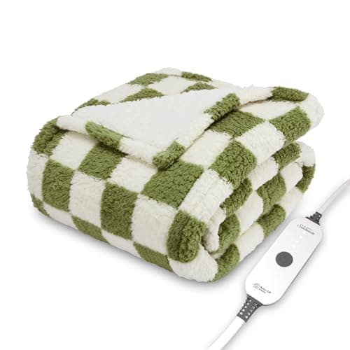 Sunbeam Printed Royal Sherpa Foot Pocket Heated Throw Electric Blanket, 50" x 60", 4 Heat Settings, 4-Hour Auto Shut-Off, Warming Cozy Throw for Couch or Bed, Machine Washable, Sage Checkerboard