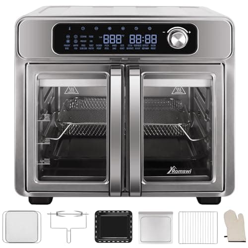 Romswi 26QT French Door Air Fryer Toaster Oven Combo, 24 Cooking Functions and Digital Controls, Fits 12" Pizza, 6 Slices of Toast, Rotisserie 6lb Chicken, 6 Accessories Included 8