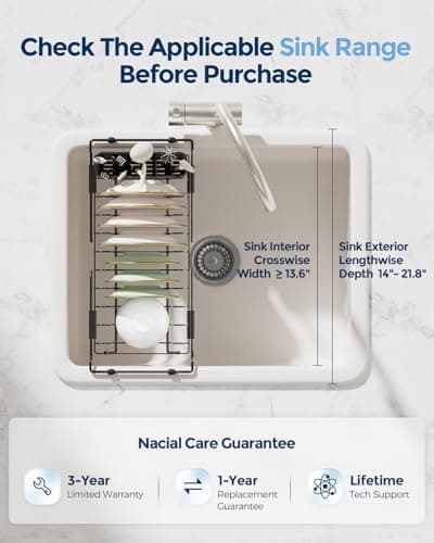 Nacial 2-in-1 Small Dish Drying Rack Fits 14''–21.8'' Sink, Dish Drainers for Kitchen Counter Extend Kitchen Sink Drain Basket with Utensil Holder & Auto-Drain Tray, Stainless Steel Plate Rack, Black 9