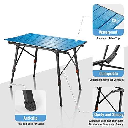 VILLEY Portable Camping Table with Adjustable Legs, Lightweight Aluminum Folding Beach Table with Carrying Bag for Outdoor Cooking, Picnic, Beach, Backyards, BBQ and Party - Blue 7