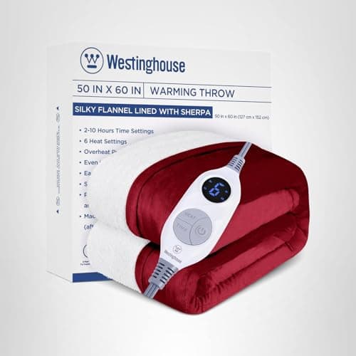 Westinghouse Heated Throw Blanket, Electric Blanket Throw with 6 Heating Levels and 2-10 Hours Time Settings, Flannel to Sherpa Super Cozy Heated Blanket Machine Washable, 50x60 inch, Red 9