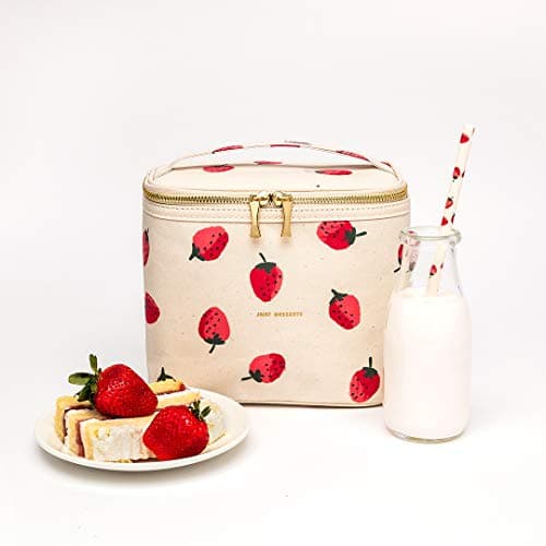 kate spade new york Beige Lunch Bag, Small Insulated Lunch Tote, Thermal Bag with Double Zipper and Carrying Handle, Strawberries 6