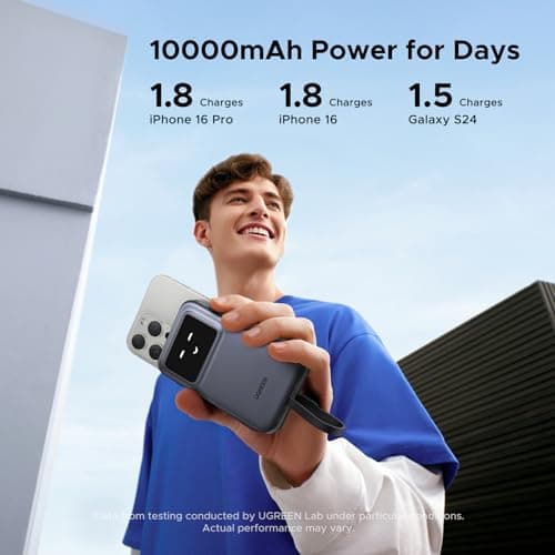 UGREEN Uno Power Bank with Built-in USB-C Cable 10,000mAh Portable Charger PD 30W Fast Charging Battery Pack with TFT Display for iPhone 16 Series/Galaxy S24/LG/Pixel/iPad/Airpods and More 5