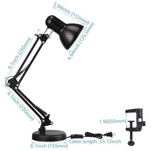 TORCHSTAR Metal Desk Lamp with Clamp, Swing Arm, Architect Adjustable Gooseneck Table Lamp, Clip Desk Lights for Home Office, Work, Study, Reading, E26 Base, Multi-Joint, Black 6