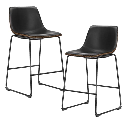 Sweetcrispy Counter Height Bar Stools Set of 2, 26 inch Height Stool Faux Leather Barstools with Back, Armless Kitchen Island Countertop Comfortable Modern Chairs with Metal Legs - Classic Black