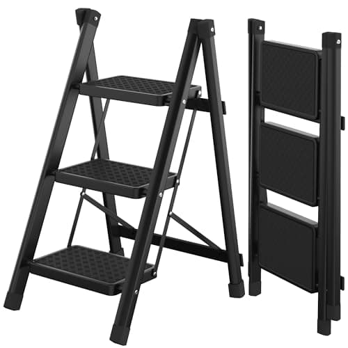 3 Step Folding Ladder, Heavy Duty 3 Step Foldable Ladder Step Stool for Adults with Wide Anti-Slip Pedal, 350LBS Sturdy Steel Ladder Kitchen Ladder Closet Step Stool Ladder Library Ladder, Black