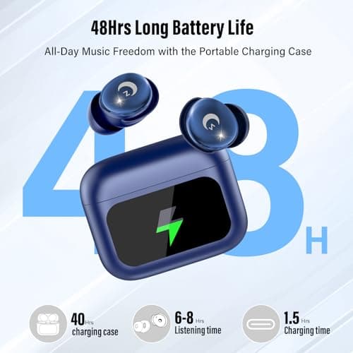 VEKJ Sleep Earbuds Bluetooth 5.4 in Ear Smart Touch Screen Ear Buds, 48H Playtime Mini Sleep Headphones Small Design for Side Sleepers, Crystal-Clear Calls, 5 EQ Modes, IPX7 Waterproof Earphones Blue 5