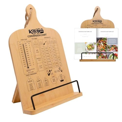 Femicgal Cookbook Stand for Kitchen Counter, Bamboo Cookbook Holder, Foldable Cook Book Holder, Adjustable Recipe Book Stand, Cook Book Stand with Measurement Conversion Chart