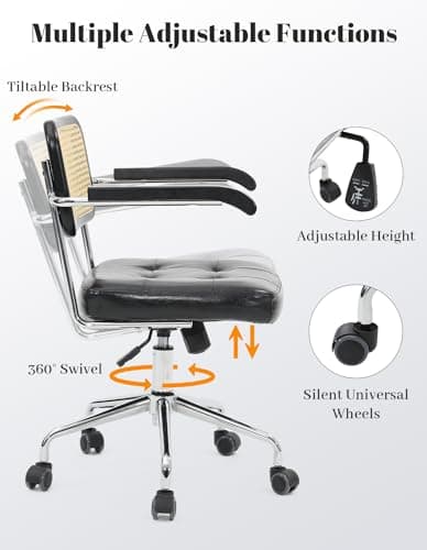 Murago Mid Century Modern Rattan Desk Chair, Vintage Rattan Office Chair, 360° Swivel, Height and Tilt Adjustment, Black Leather，with Armrests 8