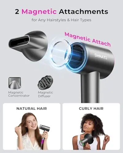 SHRATE Professional High Speed Ionic Hair Dryer | Ultra-Fast Drying | 500 Million Negative Ions | Low Noise | 160000 RPM | Compact Blow Dryer with Magnetic Diffuser for Faster Drying All Hair Types 6