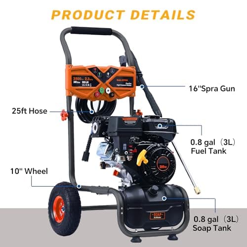Portable Pressure Washer Gas Powered 3500 PSI 2.3 GPM, 209CC Engine Gas Pressure Washer with 25FT Hose & 4 Quick-Connect Multi-Angle Nozzle, Cordless Pressure Washer for Outdoor Cleaning（Orange） 8