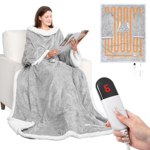 HOW'S MY HOUSE Wearable Heated Blanket with Foot Pocket, Electric Blanket with Sleeves, Flannel & Sherpa Heating Throw with 7 Heat Settings & 4 Hours Time Settings, 52" x 72", Light Gray