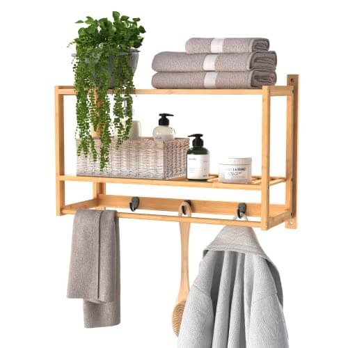 ClosetMaid Bamboo Wall Shelf with Towel Bar, 3 Hooks, Wall Mount Storage Shelves, 2 Tier, Organizer Rack, Natural Finish