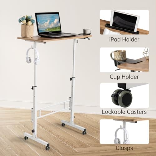 SIDUCAL Portable Standing Desk Adjustable Height, Mobile Stand Up Desk with Wheels, Small Computer Desk for Walking Pad, Rolling Desk for Standing or Sitting, Vintage Oak 6
