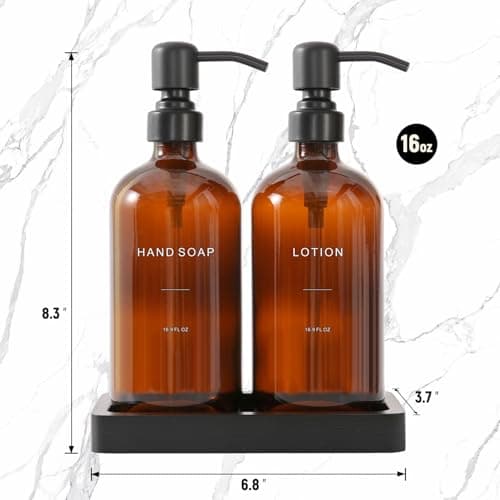 Prus Waso Amber Glass Soap Dispenser Set, Hand Soap and Lotion Set with Black Stainless Steel Pump, Perfect for Modern Bathroom Decor. (Amber) 7