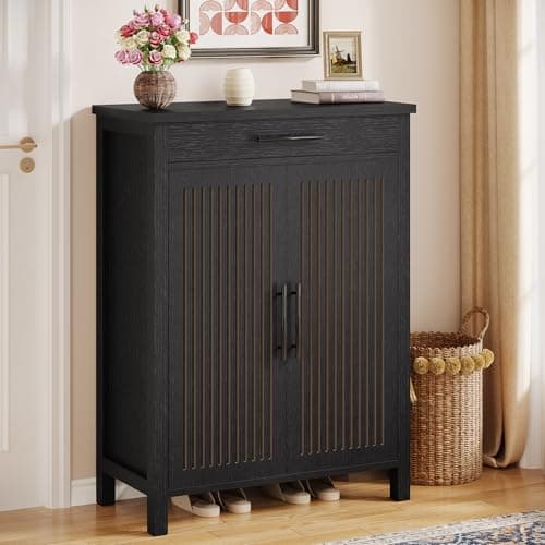 Tribesigns Shoe Cabinet, 5-Tier Shoe Storage Cabinet with Louvered Doors and Drawer, Freestanding Wooden Shoe Rack Organizer with Adjustable Shelves for Entryway, Hallway, Closet, Black