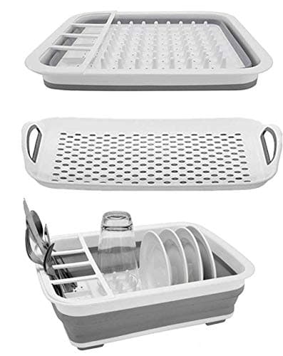Ahyuan Collapsible Dish Drying Rack Portable Dinnerware Drainer Organizer for Kitchen RV Campers Travel Trailers Space Saving Kitchen Storage Rack Tray (With Drainboard)
