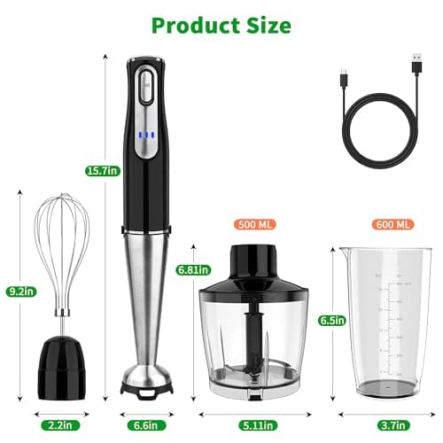 Cordless Immersion Blender Handheld, Rechargeable 4 In 1 Electric Hand Blender Stick Blender Variable Speed with Chopper, Beaker, Whisk, Stainless Steel Blade for Soup, Baby Food, Smoothies 8