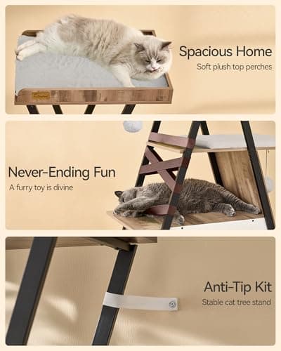 FourFurPets 72.4" Cat Tree, Modern Cat Tower for Indoor Cats, Multi-Level Cat Condo with Caves, Tall Cat Tree with Cat Scratching Board, Wooden Cat Tower with Large Perch, Removable Pads, Camel Brown 8