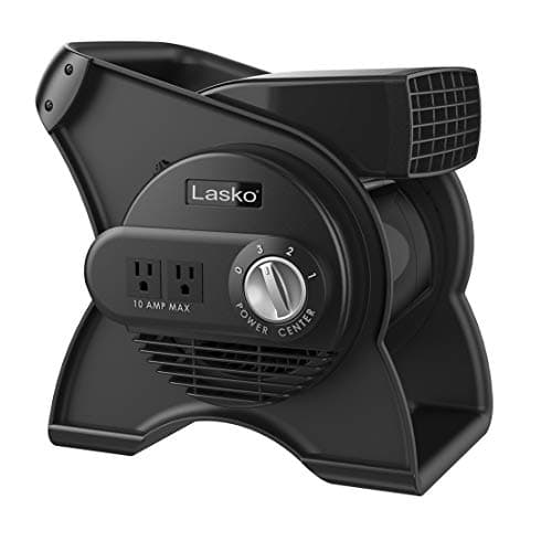 Lasko Portable Utility Fan, 12” 289 CFM Pivoting High Velocity Air Mover Blower Fan, 3 Speeds, 2 Accessory Outlets 120V, Black, U12104