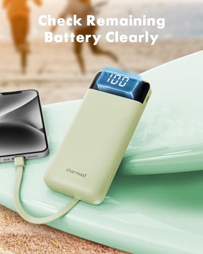 Charmast Portable Charger with Built in Cables, Power Bank with Cords Wires, Slim 10000mAh Travel Battery Pack 6 Outputs 3 Inputs 3A Fast Charging for Samsung Google Pixel LG Moto iPhone iPad 7
