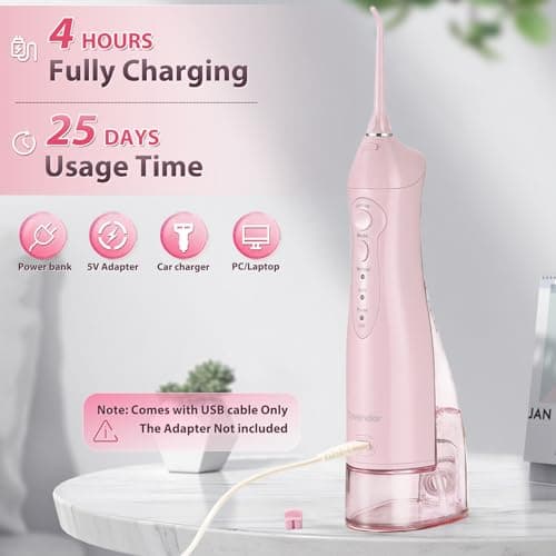 TOVENDOR Electric Water Dental Flosser Teeth Pick, Cordless Flossers Oral Irrigator IPX7 Waterproof 300ML Rechargeable Travel Water Teeth Cleaner with 5 Tips for Home Braces Care Gums Deep Cleaning 6
