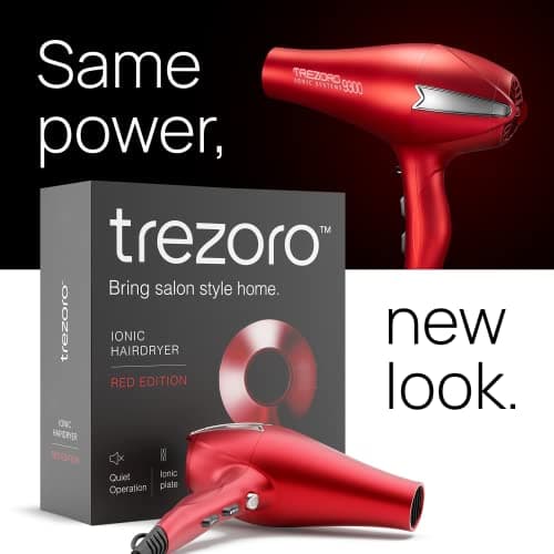 TREZORO Professional Hair Dryer, Ionic Ceramic Tourmaline Technology, 2000W Fast Quiet Drying, with Narrow & Wide Concentrator Nozzles, 3 Heat & 2 Speed Settings, Cool Shot Button, Red 8