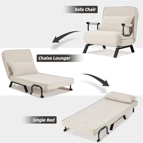 Hupmad Convertible Bed Sleeper Chair,Tri-fold Upholstered Armchair Sleeper with Pillow,Folding Leisure Chaise Lounge Couch,6 Angle Adjustable Backrest Single Lazy Bed for Office (Beige, Regular) 4