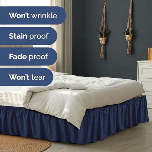 Wrap Around Dust Ruffle Bed Skirt - Navy Blue - for King Size Beds with 12 Inch Drop - Elastic Strap - Adjustable Pleated Bedskirt with Brushed Fabric and Wrinkle Free - for Women, Men, Kids & Teens 5