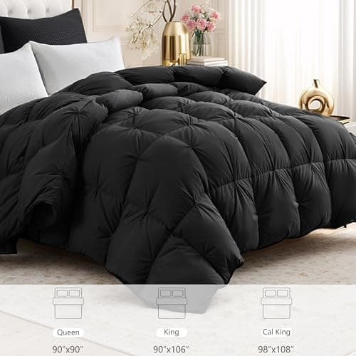 KAKABELL Pinch Pleat Goose Down Feather Fiber Comforter Full/Queen Size, Breathable Fluffy Black Duvet Insert with Cotton Fabric, 750+Fill Power All Season Hotel-Quality Bed Comforter 90" x 90" 5