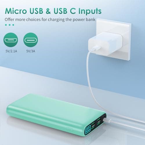 Portable Charger 38800mAh,LCD Display Power Bank,5 USB Outputs Battery Pack Backup, USB-C 3A in&out Travel Essential Portable Phone Charger For iPhone 17/16/15/14/13 Pro,Android Samsung Galaxy-Green 6