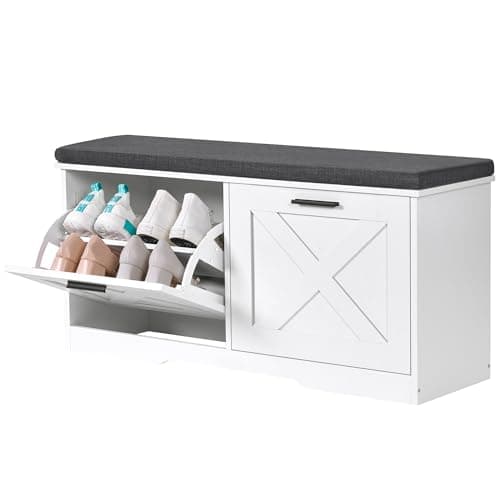 Homleke Shoe Storage Bench with 2 Flip Drawers, Entryway Bench with Padded Seat Cushion, Shoe Cabinet with 2 Barn Doors, 11.8" D x 39.4" W x 18.4" H, for Entryway, Living Room, Bedroom, White 9