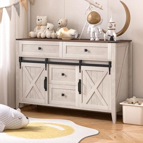 GlouMod Retro Farmhouse Bedroom Dresser, 47" White Dressers for Bedroom with Sliding Barn Door, Rustic Chest of Drawers for Bedroom, Wood Dresser TV Stand Storage Cabinet for Living Room, Hallway