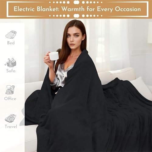 ONDAN Electric Heated Blanket 72"x84" Full Size Flannel Heated Blanket, Cozy & Warm for All Night, 5 Heat Settings & 10 Hours Auto Off, Machine Washable, Black 7