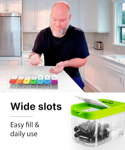 Extra Large Weekly Pill Organizer - XL Vitamin Holder with 7 Detachable AM PM Compartments - Portable Medicine Dispenser for Home and Travel, Big Supplement Container for Weekly or Daily Use, Rainbow 7