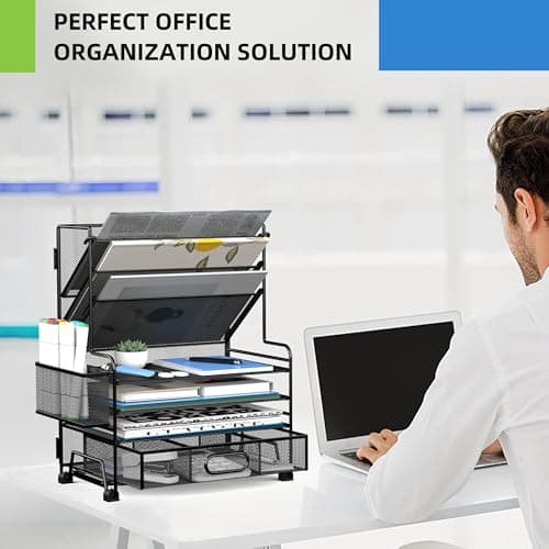 MINDEPOT 4-Tier Paper Organizer + 3-Pocket File Holder + Drawer + Pen Holders, Desktop File Organizers Paper Tray for Office Accessories School Classroom Organization (Black) 5