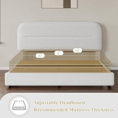 HOMBCK Queen Size Boucle Bed Frame, Upholstered Bed Frame Queen Size with Headboard, Soft Cloud Bed with Thickened Footboard, Rounded Corners, No Box Spring Needed, Easy Assembly, White 6