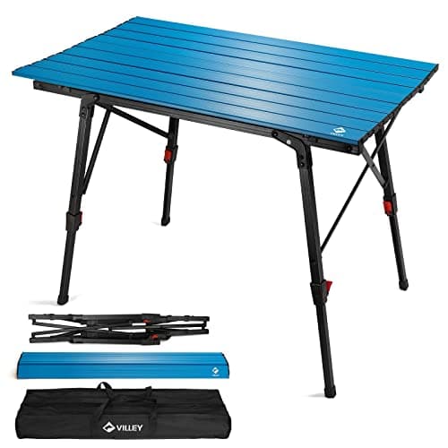 VILLEY Portable Camping Table with Adjustable Legs, Lightweight Aluminum Folding Beach Table with Carrying Bag for Outdoor Cooking, Picnic, Beach, Backyards, BBQ and Party - Blue