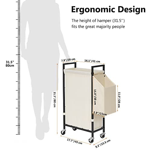 Slim Laundry Hamper with Wheels; 66L Narrow Rolling Laundry Basket with Removable Oxford Liner Bag; Thin Dirty Clothes Hamper with Sturdy Metal Frame; Tall Laundry Basket with Side Pocket (Beige) 7