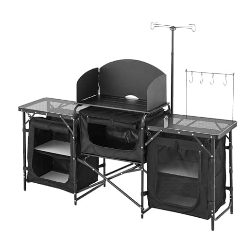 VEVOR Camping Kitchen Table, Outdoor Camp Cooking Table, Aluminum Portable Cook Station with 3 Storage Cupboard, Carrying Bag, Detachable Windscreen, Quick Set-up for BBQ Party Picnic RV Travel, Black 11