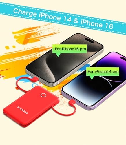 miisso 6000mah Ultra Slim Built in Cables Power Bank, Card Size Built in USB C Cords Battery Pack Portable Charger for Phones, 3 Output External Battery Pack Compatible with iPhone, Red 7