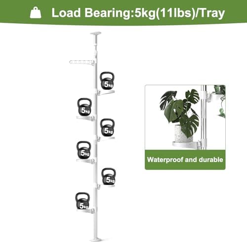 BAOYOUNI 7-Layer Indoor Plant Stands Spring Tension Pole Metal Flower Display Rack Space Saver Corner Floral Pot Hanger Shelf, Ivory 7