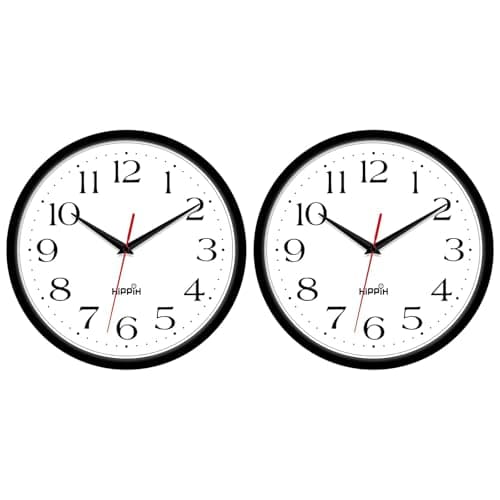 HIPPIH 2 Pack Silent Wall Clock, 10 Inch Non Ticking Quiet Digital Sweep Decorative Battery Operated Wall Clocks for Living Room Bedroom Kitchen School Office Decor, Black