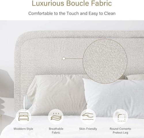BarnFurin Queen Size Boucle Bed Frame with Headboard, Upholstered Platform Bed with Wood Slats, Soft Rounded Corners, No Box Spring Required, Easy Assembly, Cream 5