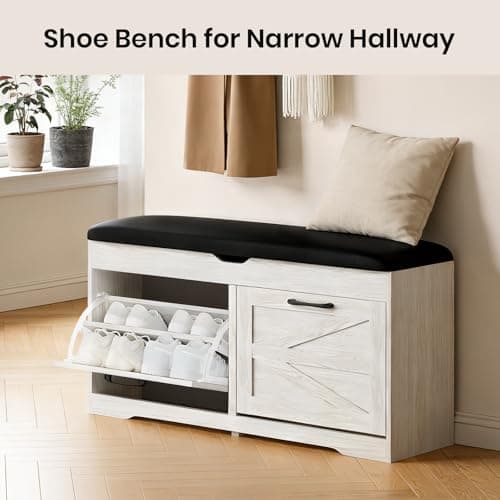 VitoEone Shoe Storage Bench Cushion, Entryway Bench with Storage, End of Bed Shoe Benches, Small Shoe Rack Benches, Entry Way Shoes Cabinet for Entryway, Bedroom, Living Room, Farmhouse, White 5
