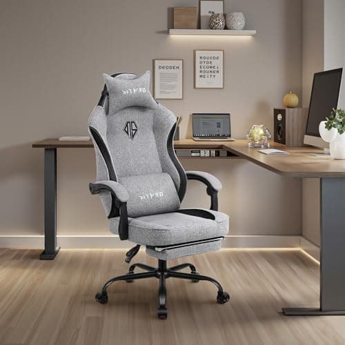 Gaming Chair with Footrest, Ergonomic Lumbar Support Massager Video Game Chair with Metal Legs, High Back Reclining Silla Gamer Chair with Headrest (Light Grey)