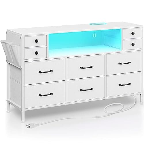 Rolanstar Dresser for Bedroom with LED Lights and Power Outlets, 55" TV Stand with 10 Drawers, Fabric Chest of Drawers with Side Pocket, PU Finish, Sturdy Frame & Wood Top, White