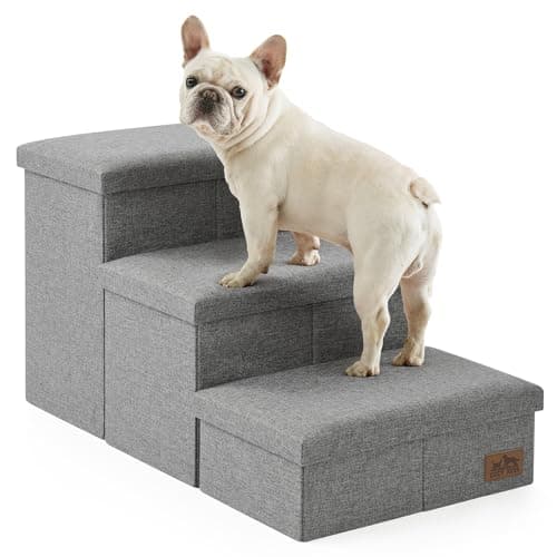 Dog Stairs with Storage, 3-Step Wider Sturdy Dog Steps for Small/Medium/Large Dogs and Older Cats, Folding Doggie Ramp for Bed/Couch/Car Hold Up to 180 lbs (16.7" H, Grey)