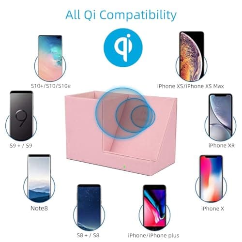 2025 New Wireless Charger,15W Pink Fast Charger,Dual Coil,Qi Certified Charging Dock,Desk Stand and Pen Holder Storage Compatible with iPhone 16/15/14 MAX/XR/XS, S24/S23 Series and More(No AC Adapter 6